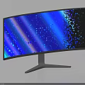 Modern Curved Computer Monitor Display With Blue Purple Light Effects And Pixelated Square Patterns