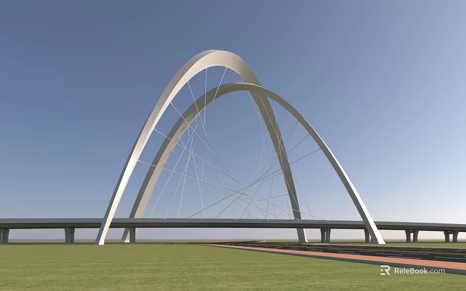 Modern White Double Arch Bridge Design With Steel Cables And Green Grass Under Blue Sky 3d model 