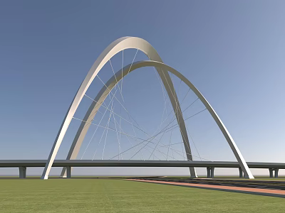 Modern White Double Arch Bridge Design With Steel Cables And Green Grass Under Blue Sky 3d model