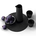 Black Tableware Set With Pitcher Bowl And Cups On Woven Mat 3d model