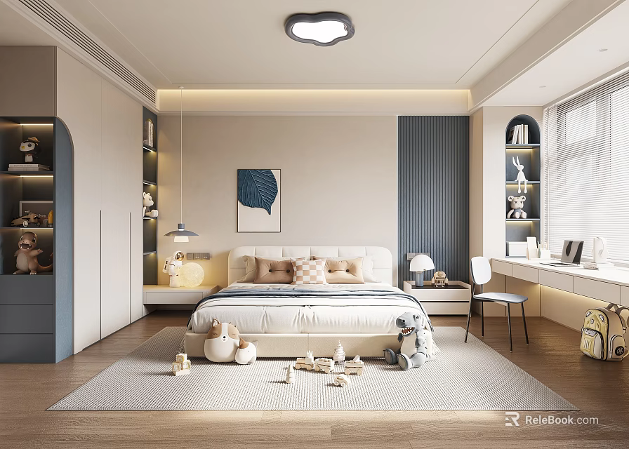 Cozy Modern Kids Room Interior With Bed Pillows Toys Desk And Bookshelves 3d model 