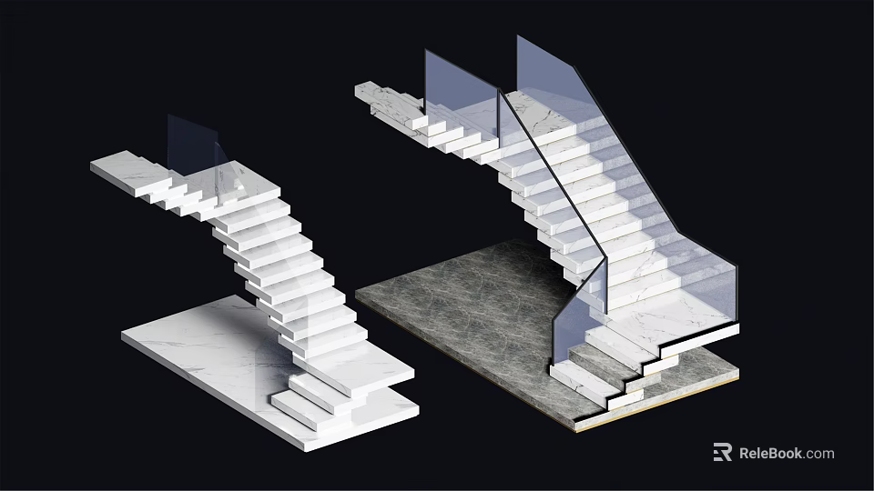 Modern Stairs Design With Glass Railings White Steps And Minimalist Structure 3d model 