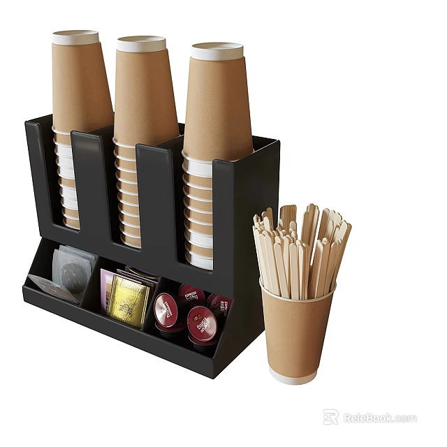 Organized Coffee Station With Paper Cups In Black Holder Wooden Stirrers Sugar Packets And Creamer 3d model 