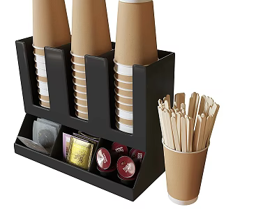 Organized Coffee Station With Paper Cups In Black Holder Wooden Stirrers Sugar Packets And Creamer 3d model