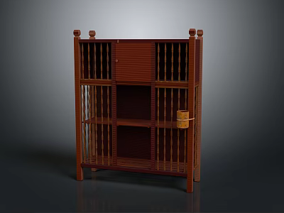 Wooden Storage Cabinet With Grille Doors Open Shelves Wooden Legs And Decorative Accent 3d model