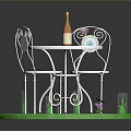Round White Metal Dining Table With Two Chairs Blue Patterns On Green Grass Pink Flowers