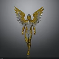 Golden Silver Angelic Figure With Metallic Wings In Walking Pose
