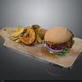 Juicy Hamburger With Cheese Patty And Fresh Vegetables Served With Crispy Fries On Wooden Board