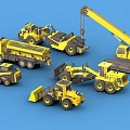 Yellow Construction Vehicles with Crane Bulldozer Dump Truck and Loader on Blue Background