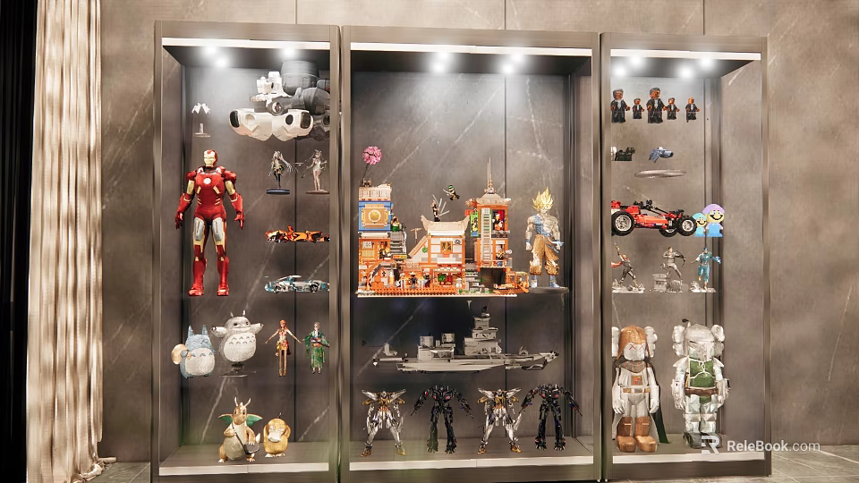 Dolls and Action Figures Collection Showcase in Glass Display Cabinets with Models 3d model 