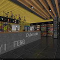 Modern Internet Cafe Interior With Wooden Ceiling Beams Shelves Lighting And Computer Setups 3d model