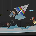 Colorful Paper Planes Hanging Over White Blue Platforms With Small Umbrella And Chairs