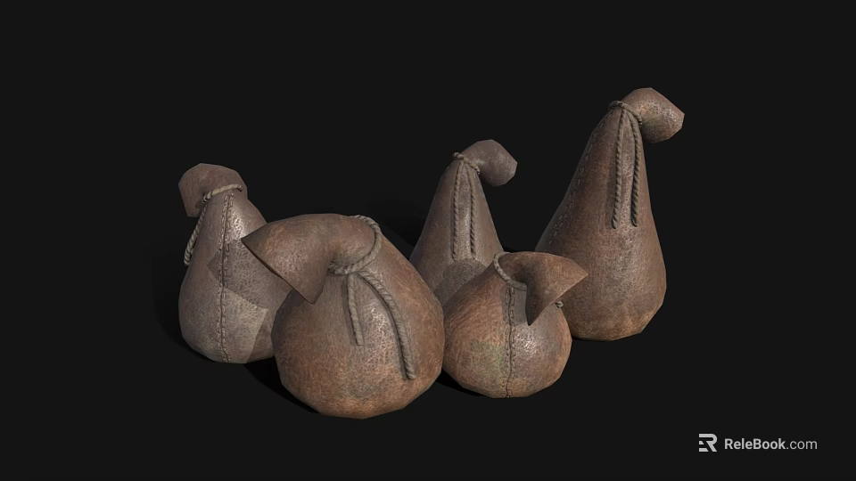 Old Fashioned Leather Sacks In Brown Color With Stitched Edges And Vintage Design 3d model 