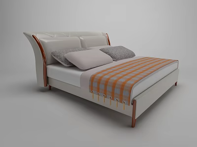Stylish Double Bed With White Headboard Brown Trim Light Gray Pink Pillows Orange Plaid Blanket 3d model