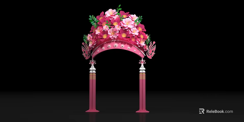 Pink And Yellow Floral Arch Art Installation With Decorative Pillars And Green Leaves 3d model 