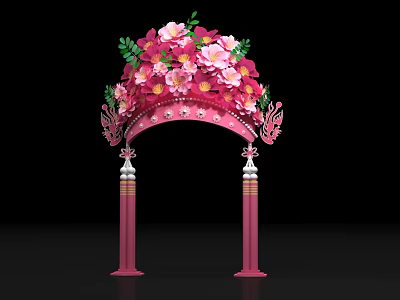 Pink And Yellow Floral Arch Art Installation With Decorative Pillars And Green Leaves 3d model