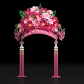 Pink And Yellow Floral Arch Art Installation With Decorative Pillars And Green Leaves