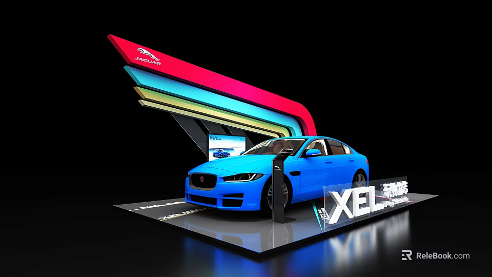 Automotive Display Shelf Featuring Blue Jaguar XEL Car on Colorful Curved Exhibition Platform 3d model 