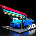 Automotive Display Shelf Featuring Blue Jaguar XEL Car on Colorful Curved Exhibition Platform