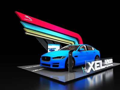 Automotive Display Shelf Featuring Blue Jaguar XEL Car on Colorful Curved Exhibition Platform 3d model