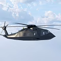 Black Helicopter Flying High Above in Blue Sky with White Clouds 3d model