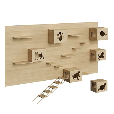 Wooden Wall Mounted Cat Climbing Frame With Cubes Platforms Ladder And Pet Prints 3d model