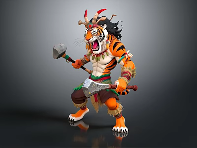 Fierce Tiger Warrior Character With Feather Headdress And Axes In Battle Stance 3d model