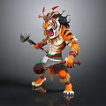 Fierce Tiger Warrior Character With Feather Headdress And Axes In Battle Stance