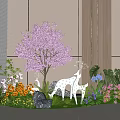 Lush Flowers And Plants Display With Purple Cherry Blossom Tree White Deer Statues Stone And Green Lawn