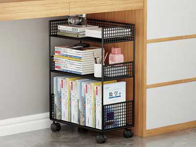 Practical Rolling Metal Shelf With Books Notebooks Camera And Pen Holder In Home Office 3d model
