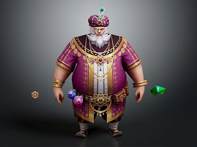 Luxurious Royal Character With Ornate Purple Robe Jeweled Accessories And Floating Gemstones 3d model