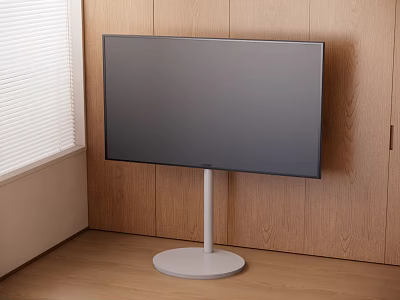 Modern TV With White Stand In Room Corner Against Wooden Wall And Window Blinds 3d model