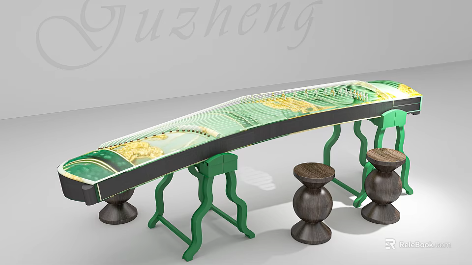 Traditional Yuzheng Musical Instrument With Decorative Painting And Green Stand Stools 3d model 