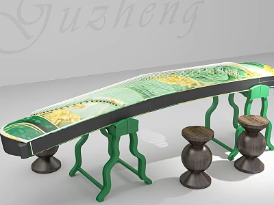 Traditional Yuzheng Musical Instrument With Decorative Painting And Green Stand Stools 3d model