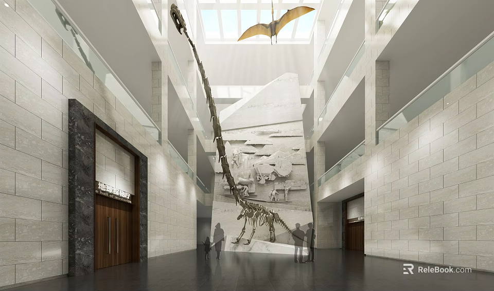 Spacious Museum Hall With Dinosaur Skeleton Pterosaur Model High Ceiling And Visitors 3d model 
