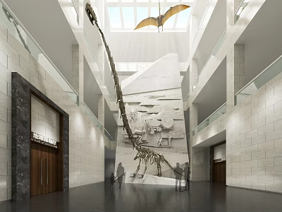Spacious Museum Hall With Dinosaur Skeleton Pterosaur Model High Ceiling And Visitors 3d model