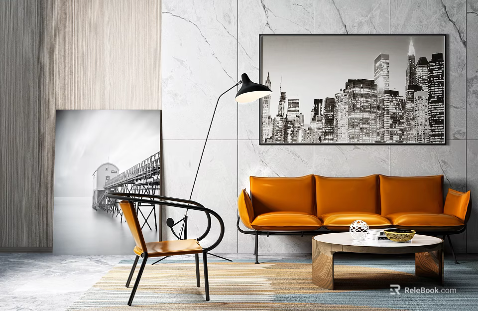 Modern Orange Sofa And Coffee Table Set With Black White Cityscape Painting And Floor Lamp 3d model 