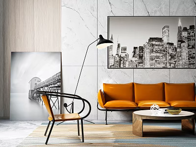 Modern Orange Sofa And Coffee Table Set With Black White Cityscape Painting And Floor Lamp 3d model