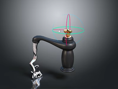 Person And Cat Near Black Faucet With Golden Parts Silver Decoration And Light Rings 3d model