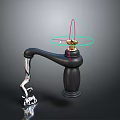 Person And Cat Near Black Faucet With Golden Parts Silver Decoration And Light Rings