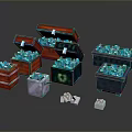 Colorful Open Storage Chests Filled With Blue Blocks And White Cubes Around