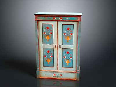 Vintage Blue Green Cabinet With Hand Painted Floral Designs And Red Trim 3d model