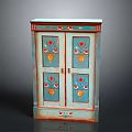 Vintage Blue Green Cabinet With Hand Painted Floral Designs And Red Trim
