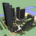 Modern Commercial Complex With High Rise Buildings Glass Curtain Walls And Landscaped Areas