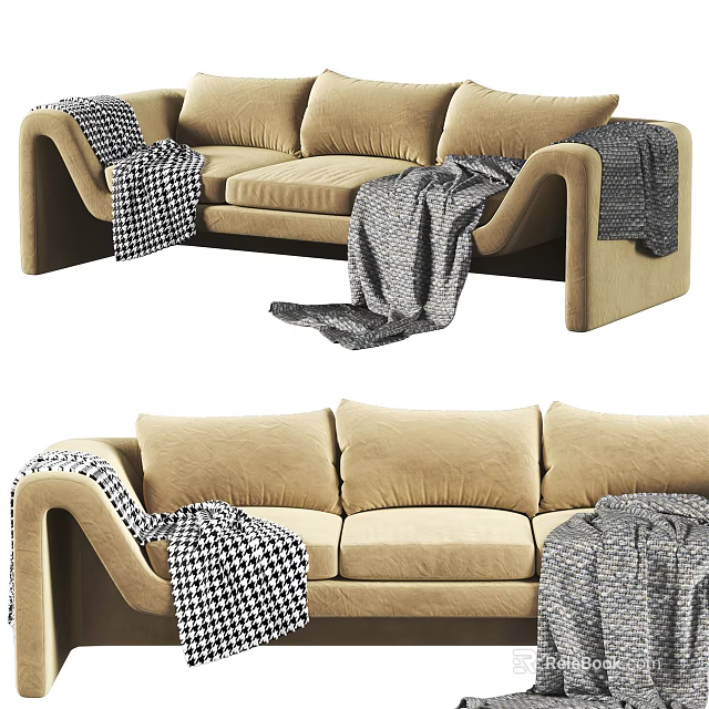 Beige Sectional Sofa with Gray and Checkered Blankets Modern Design Curved Armrests 3d model