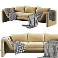 Beige Sectional Sofa with Gray and Checkered Blankets Modern Design Curved Armrests 3d model