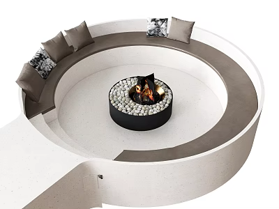 Round Sectional Sofa With Central Fire Pit And Decorative Pillows In Modern Design 3d model