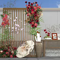 Elegant Floral Installation With Red Roses White Flowers Green Plants And Wooden Screen