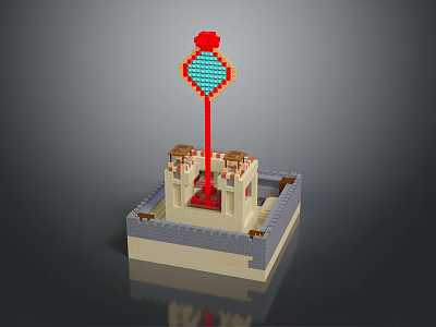 Household Decorative Model With Square Base Castle Structure Red Pole And Blue Red Top Decoration 3d model