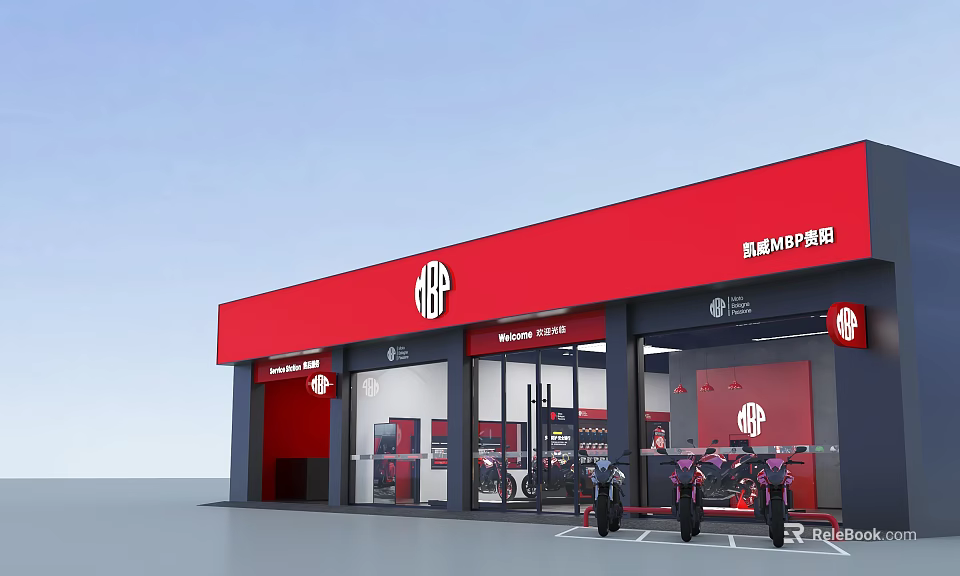 Jialing Motorcycle Store With Red Exterior Modern Glass Doors And Motorcycles Parked Outside 3d model 